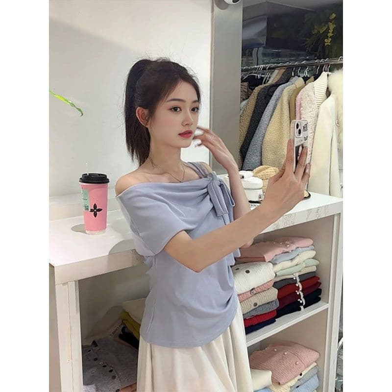 순수한 욕망 바람 오프숄더 비스듬한 어깨 반팔 티셔츠 여성 여름 새로운 오프숄더 디자인 센스 작은 대중 슬림해 보이는 맨위 이미지 2