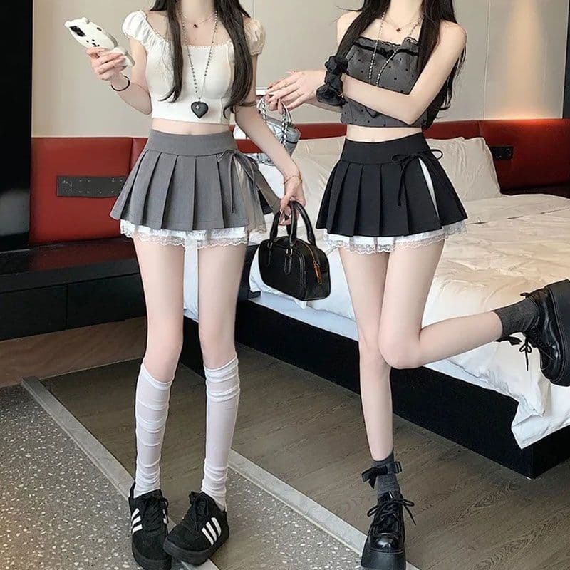 회색 레이스 측면 플리츠 반신 스커트 여성 가을 새로운 작은 키 하이웨이스트 슬림해 보이는 한 마디 퍼프 미니 스커트 이미지 3