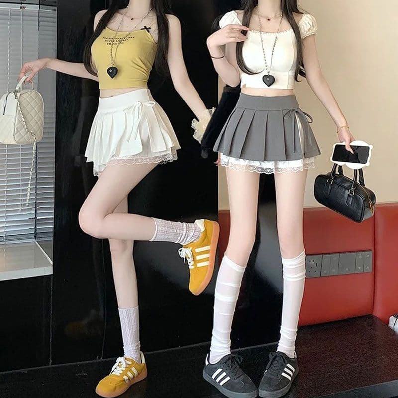 회색 레이스 측면 플리츠 반신 스커트 여성 가을 새로운 작은 키 하이웨이스트 슬림해 보이는 한 마디 퍼프 미니 스커트 이미지 5