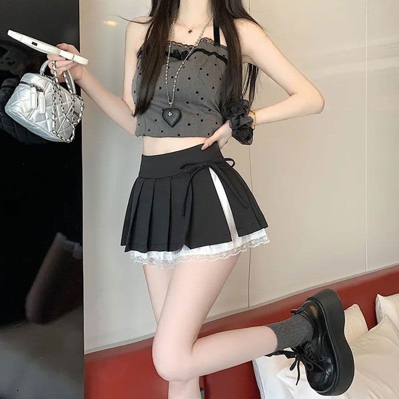 회색 레이스 측면 플리츠 반신 스커트 여성 가을 새로운 작은 키 하이웨이스트 슬림해 보이는 한 마디 퍼프 미니 스커트 이미지 2