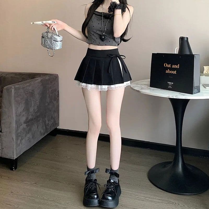 회색 레이스 측면 플리츠 반신 스커트 여성 가을 새로운 작은 키 하이웨이스트 슬림해 보이는 한 마디 퍼프 미니 스커트 이미지 4