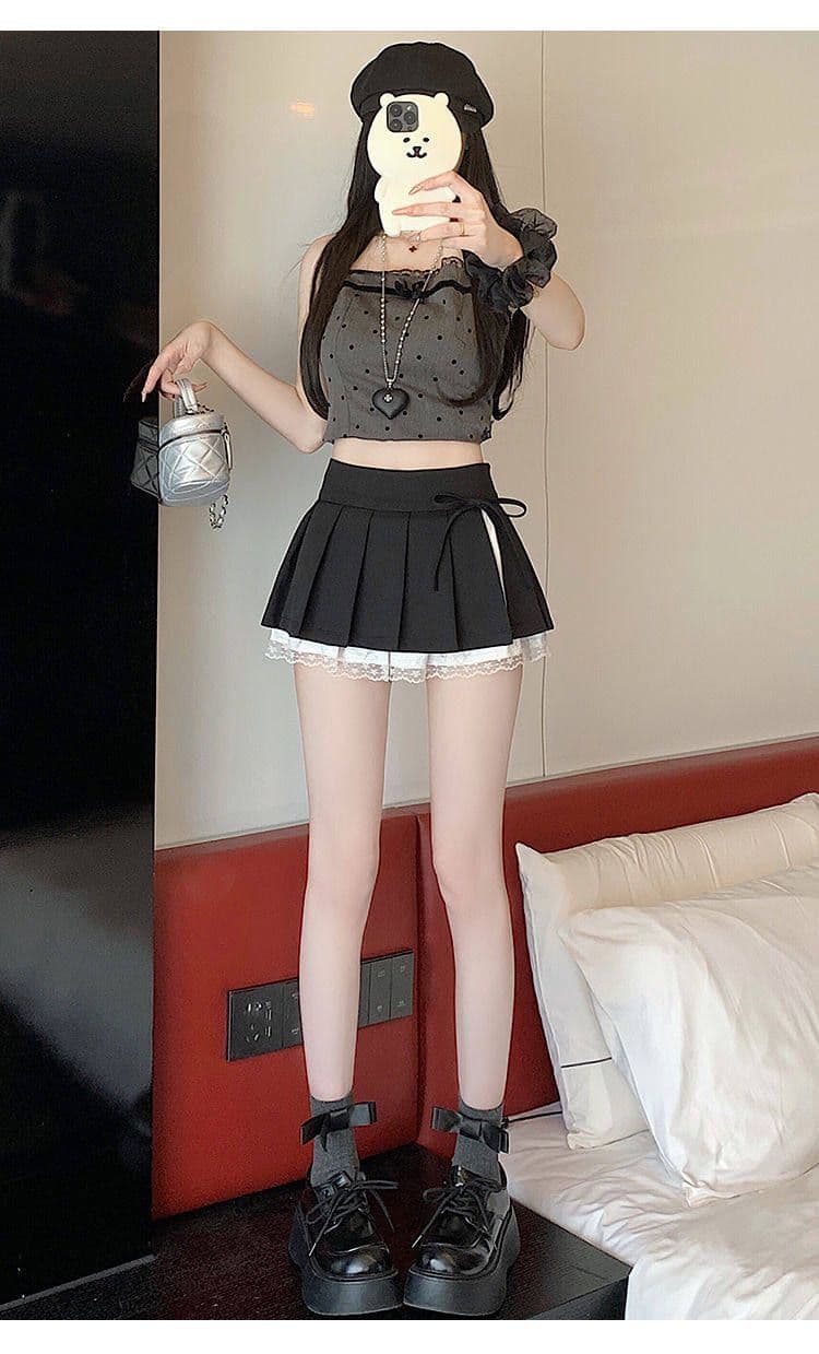 회색 레이스 측면 플리츠 반신 스커트 여성 가을 새로운 작은 키 하이웨이스트 슬림해 보이는 한 마디 퍼프 미니 스커트 상세 이미지 9