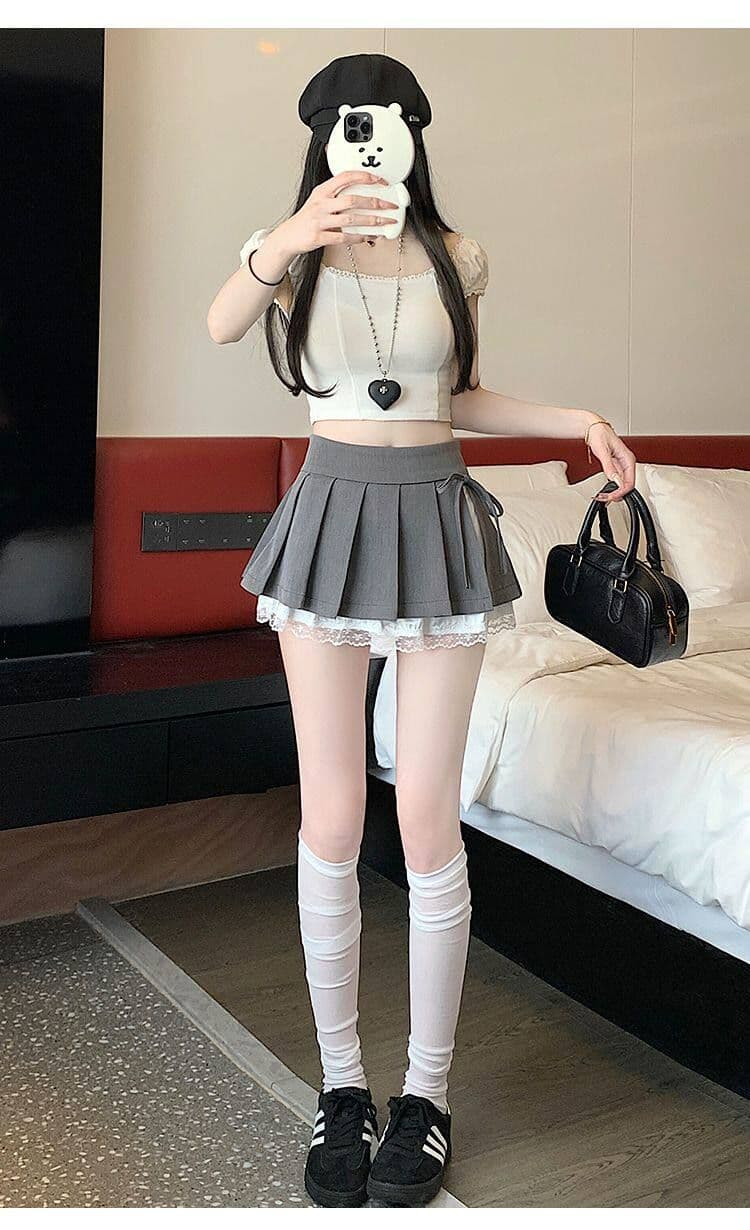 회색 레이스 측면 플리츠 반신 스커트 여성 가을 새로운 작은 키 하이웨이스트 슬림해 보이는 한 마디 퍼프 미니 스커트 상세 이미지 13