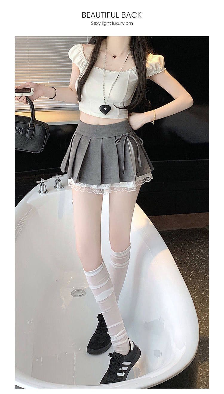 회색 레이스 측면 플리츠 반신 스커트 여성 가을 새로운 작은 키 하이웨이스트 슬림해 보이는 한 마디 퍼프 미니 스커트 상세 이미지 18