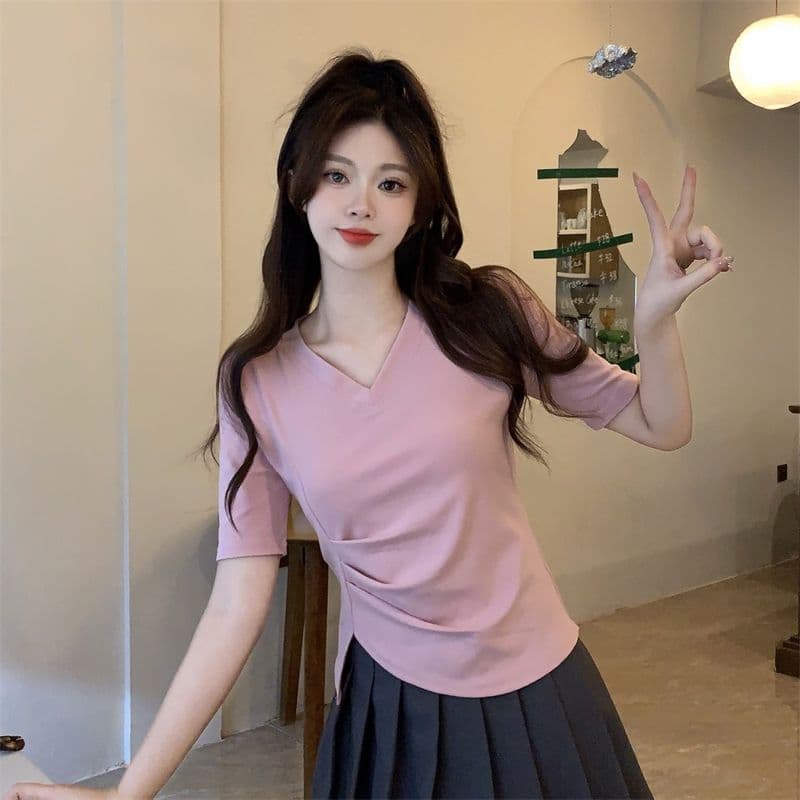 모방 면 리브 빅 사이즈 긍정적 인 어깨 반팔 티셔츠 여름 지방 mm 슬림해 보이는 불규칙 쇼트 스타일 맨위