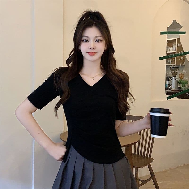 모방 면 리브 빅 사이즈 긍정적 인 어깨 반팔 티셔츠 여름 지방 mm 슬림해 보이는 불규칙 쇼트 스타일 맨위 이미지 2