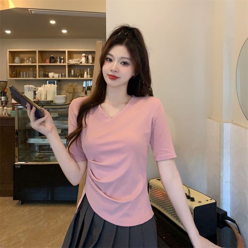 모방 면 리브 빅 사이즈 긍정적 인 어깨 반팔 티셔츠 여름 지방 mm 슬림해 보이는 불규칙 쇼트 스타일 맨위 상세 이미지 4