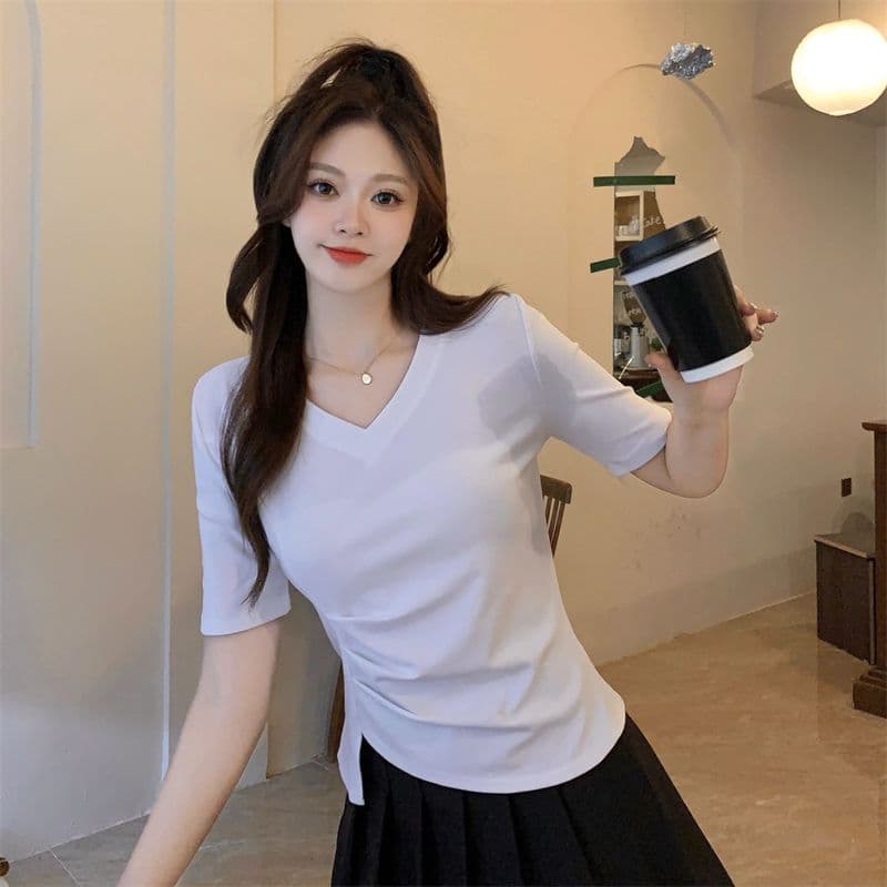 모방 면 리브 빅 사이즈 긍정적 인 어깨 반팔 티셔츠 여름 지방 mm 슬림해 보이는 불규칙 쇼트 스타일 맨위 상세 이미지 6
