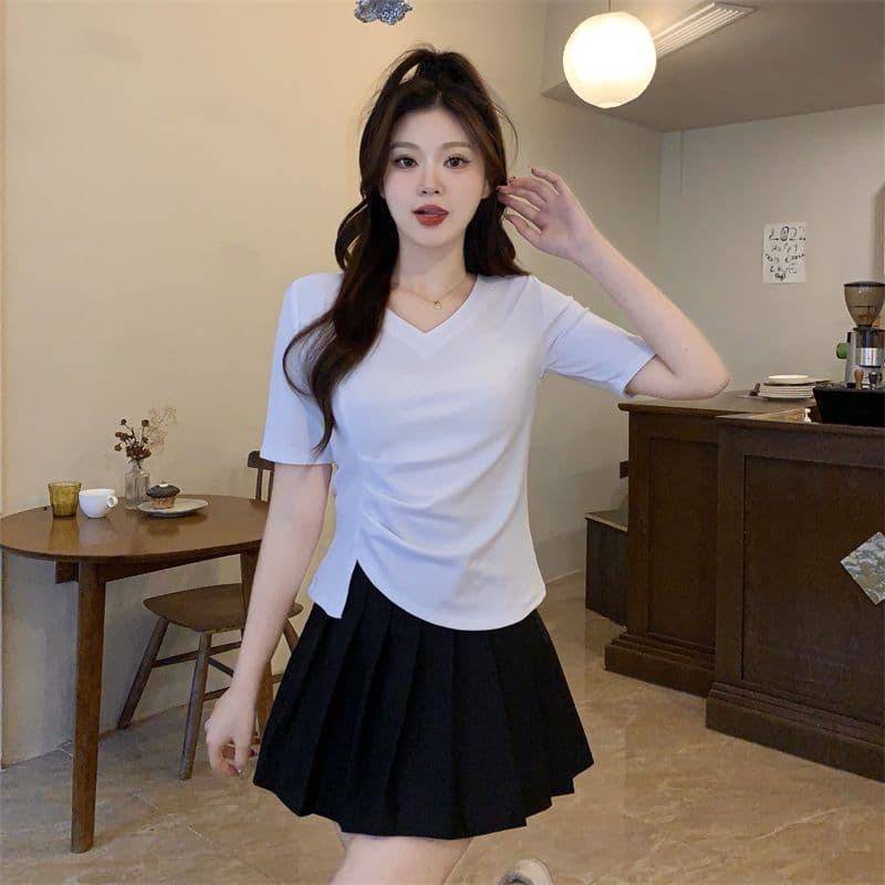 모방 면 리브 빅 사이즈 긍정적 인 어깨 반팔 티셔츠 여름 지방 mm 슬림해 보이는 불규칙 쇼트 스타일 맨위 상세 이미지 7