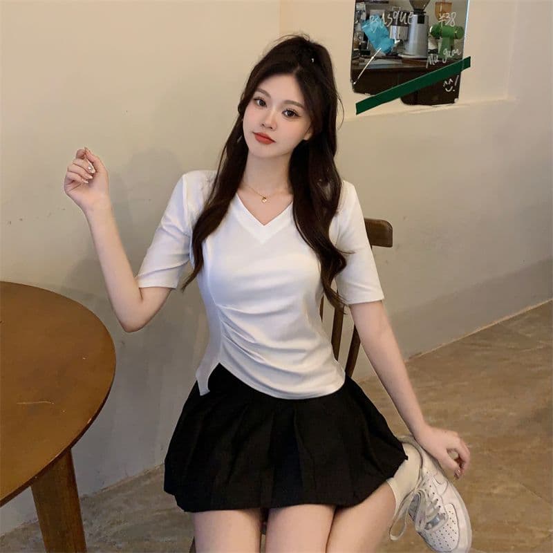 모방 면 리브 빅 사이즈 긍정적 인 어깨 반팔 티셔츠 여름 지방 mm 슬림해 보이는 불규칙 쇼트 스타일 맨위 상세 이미지 8