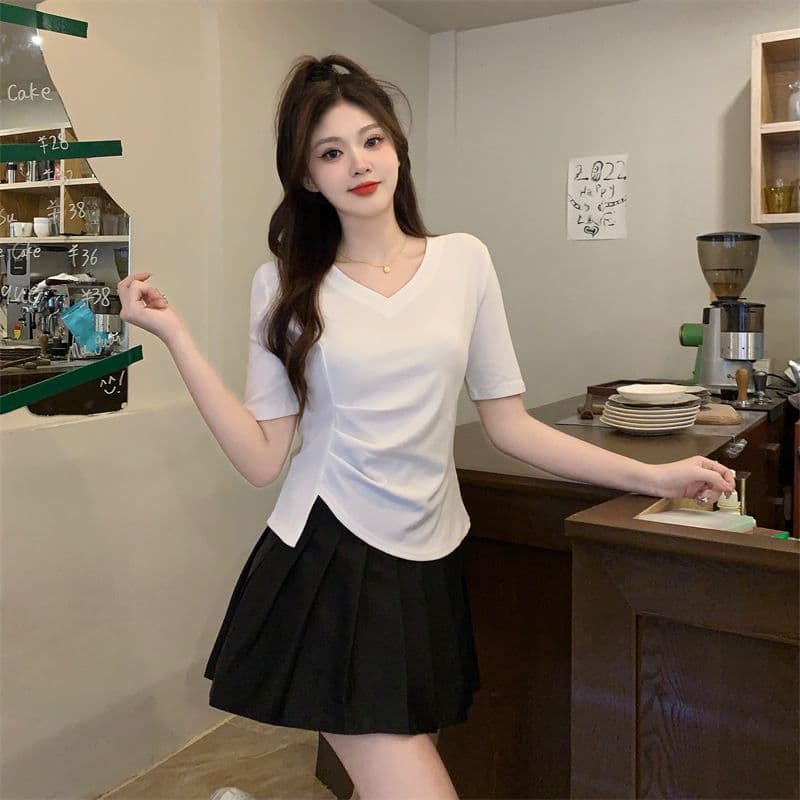 모방 면 리브 빅 사이즈 긍정적 인 어깨 반팔 티셔츠 여름 지방 mm 슬림해 보이는 불규칙 쇼트 스타일 맨위 상세 이미지 9
