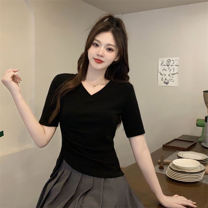 모방 면 리브 빅 사이즈 긍정적 인 어깨 반팔 티셔츠 여름 지방 mm 슬림해 보이는 불규칙 쇼트 스타일 맨위 상세 이미지 12
