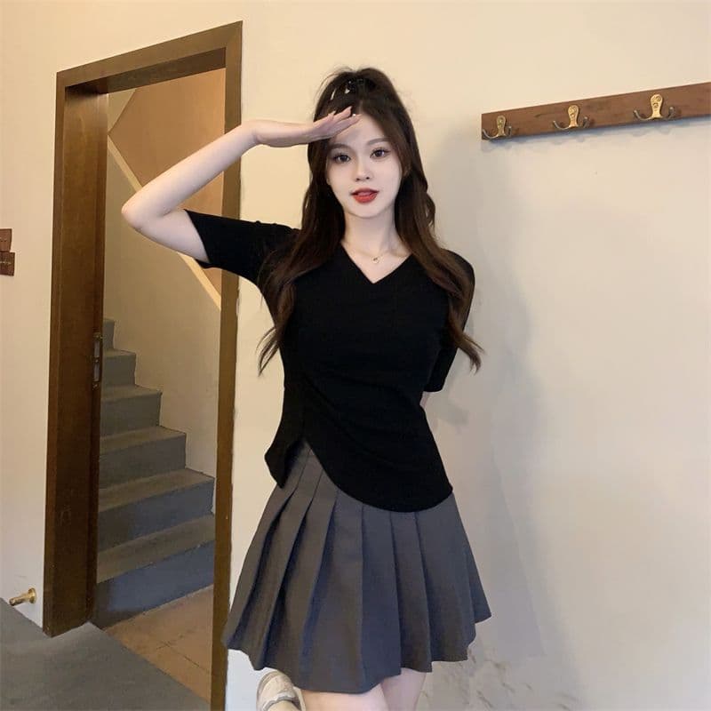 모방 면 리브 빅 사이즈 긍정적 인 어깨 반팔 티셔츠 여름 지방 mm 슬림해 보이는 불규칙 쇼트 스타일 맨위 상세 이미지 13