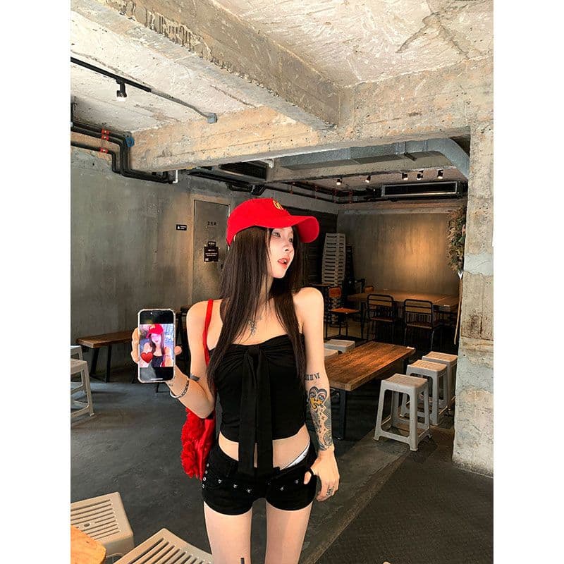 레트로 빨간색 튜브탑 조끼 여름 디자인 센스 나비 매듭 섹시함 핫걸 인사이드 가져 가라. 외출용 맨위 쇼트 스타일 이미지 3
