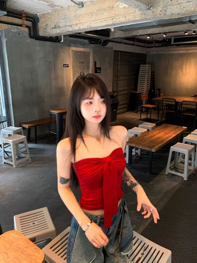 레트로 빨간색 튜브탑 조끼 여름 디자인 센스 나비 매듭 섹시함 핫걸 인사이드 가져 가라. 외출용 맨위 쇼트 스타일 상세 이미지 2