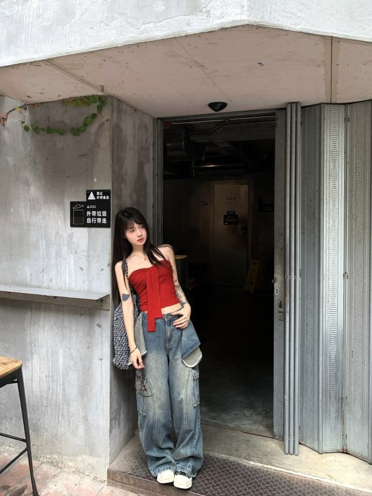 레트로 빨간색 튜브탑 조끼 여름 디자인 센스 나비 매듭 섹시함 핫걸 인사이드 가져 가라. 외출용 맨위 쇼트 스타일 상세 이미지 4
