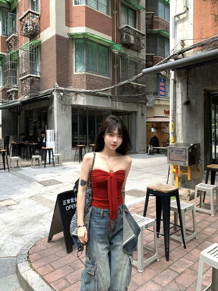레트로 빨간색 튜브탑 조끼 여름 디자인 센스 나비 매듭 섹시함 핫걸 인사이드 가져 가라. 외출용 맨위 쇼트 스타일 상세 이미지 5