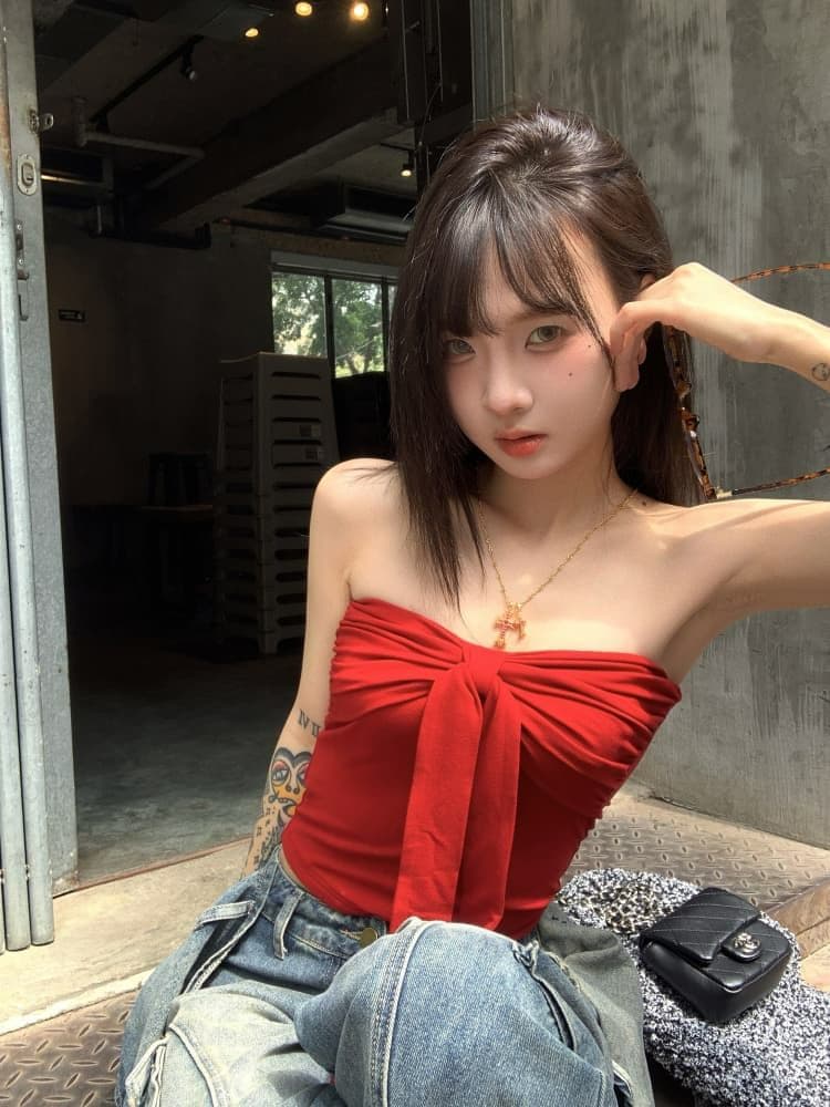 레트로 빨간색 튜브탑 조끼 여름 디자인 센스 나비 매듭 섹시함 핫걸 인사이드 가져 가라. 외출용 맨위 쇼트 스타일 상세 이미지 6