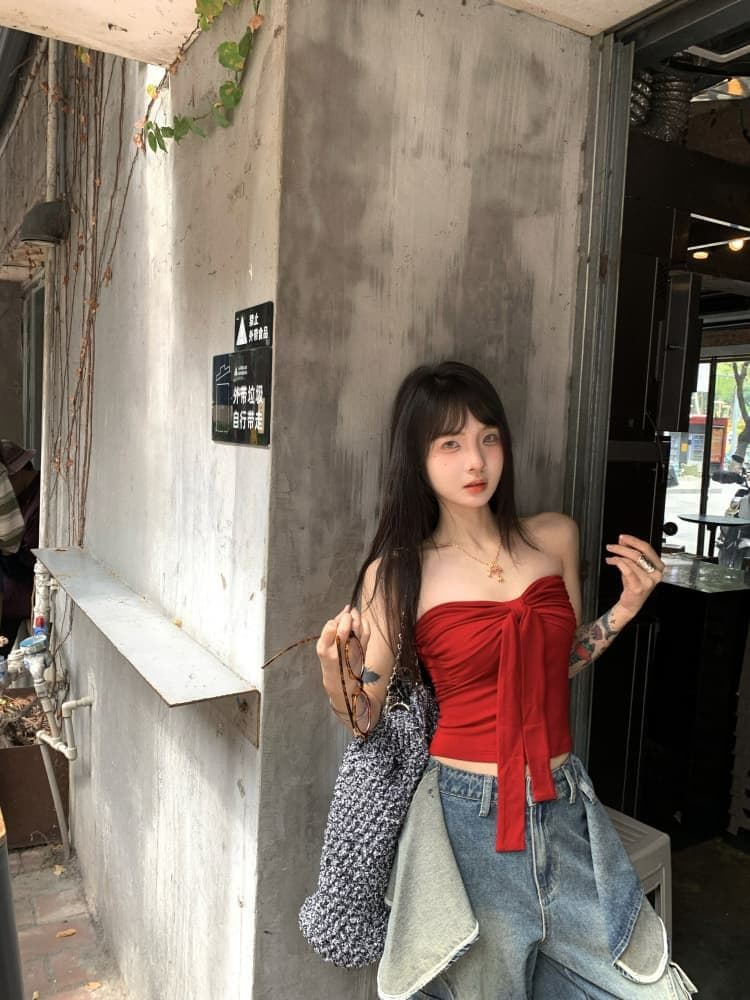 레트로 빨간색 튜브탑 조끼 여름 디자인 센스 나비 매듭 섹시함 핫걸 인사이드 가져 가라. 외출용 맨위 쇼트 스타일 상세 이미지 9