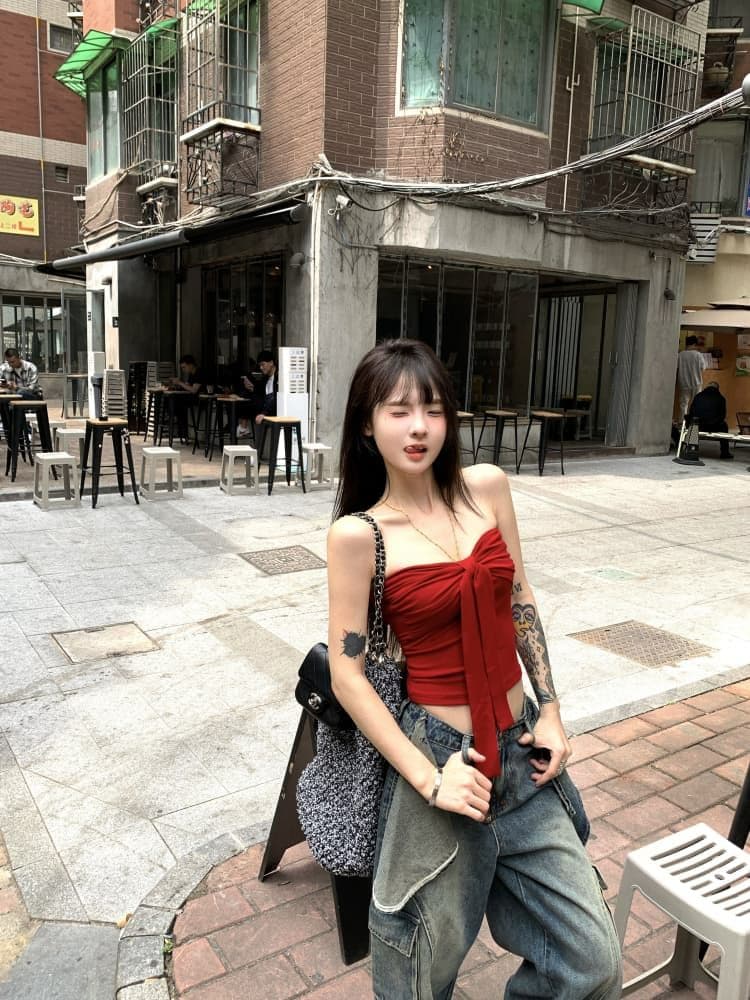레트로 빨간색 튜브탑 조끼 여름 디자인 센스 나비 매듭 섹시함 핫걸 인사이드 가져 가라. 외출용 맨위 쇼트 스타일 상세 이미지 10