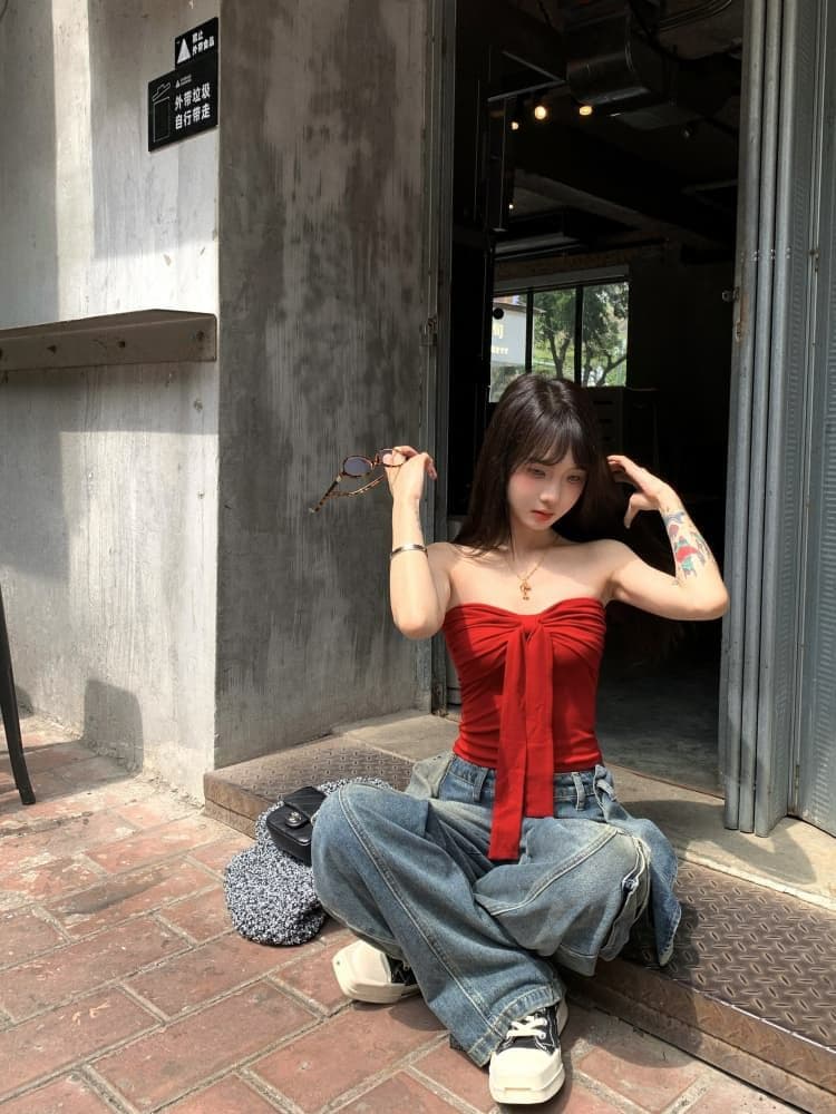 레트로 빨간색 튜브탑 조끼 여름 디자인 센스 나비 매듭 섹시함 핫걸 인사이드 가져 가라. 외출용 맨위 쇼트 스타일 상세 이미지 15
