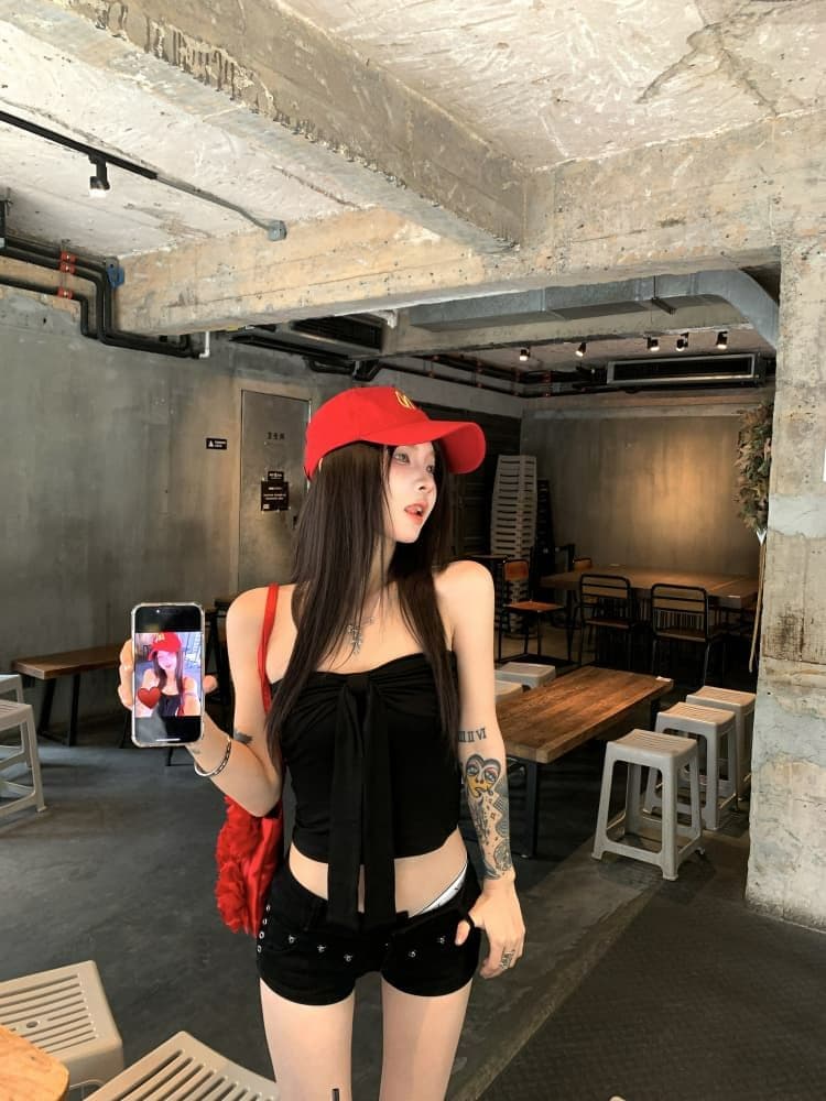 레트로 빨간색 튜브탑 조끼 여름 디자인 센스 나비 매듭 섹시함 핫걸 인사이드 가져 가라. 외출용 맨위 쇼트 스타일 상세 이미지 17