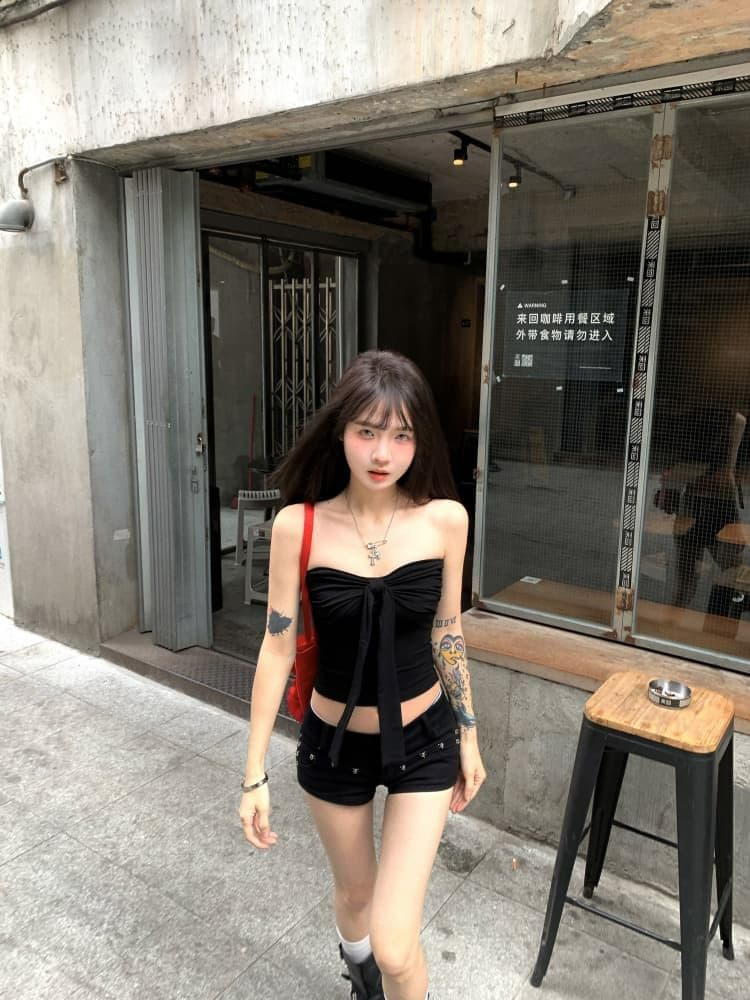 레트로 빨간색 튜브탑 조끼 여름 디자인 센스 나비 매듭 섹시함 핫걸 인사이드 가져 가라. 외출용 맨위 쇼트 스타일 상세 이미지 19
