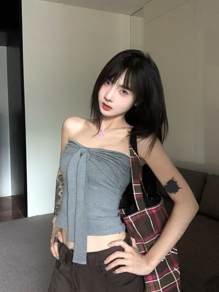 레트로 빨간색 튜브탑 조끼 여름 디자인 센스 나비 매듭 섹시함 핫걸 인사이드 가져 가라. 외출용 맨위 쇼트 스타일 상세 이미지 39