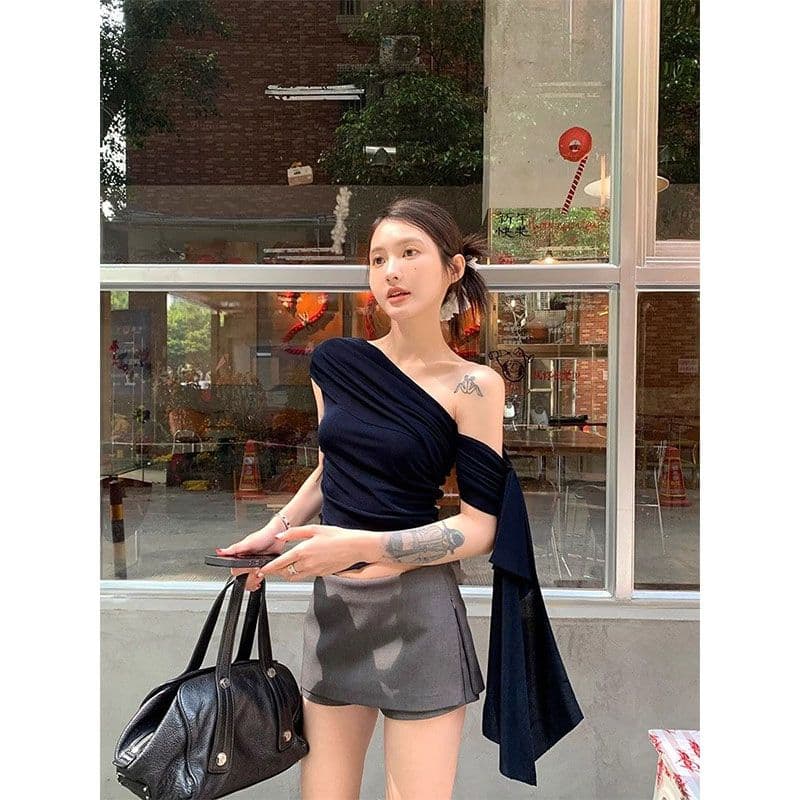 핫걸 불규칙 비스듬한 어깨 반팔 티셔츠 여성 여름 새로운 오프숄더 디자인 센스 리본 몸매 가꾸기 짧은 맨위 이미지 4