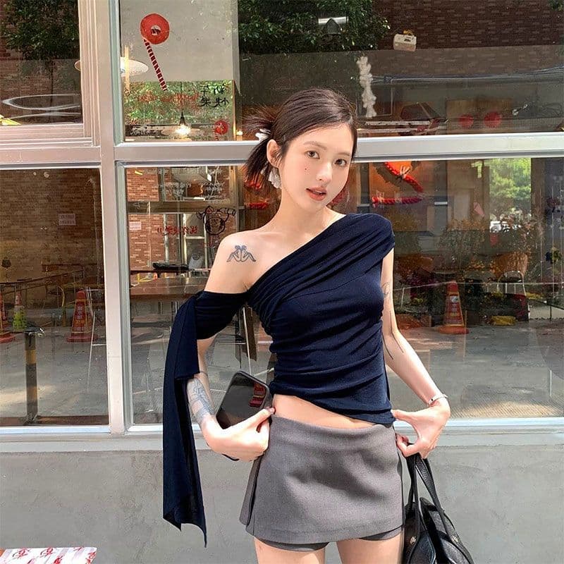 핫걸 불규칙 비스듬한 어깨 반팔 티셔츠 여성 여름 새로운 오프숄더 디자인 센스 리본 몸매 가꾸기 짧은 맨위 이미지 2