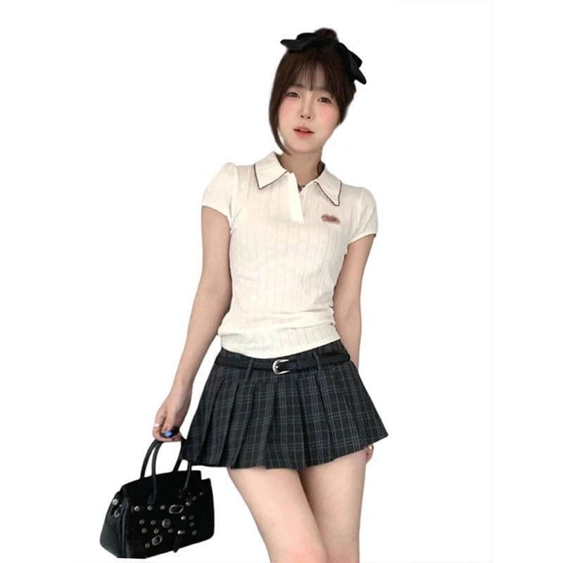 화이트 V넥 레이스업 리본 반팔 셔츠 티셔츠 여성 여름 새로운 꼬집기 허리 작은 셔츠 학원 스타일 쇼트 스타일 맨위 이미지 5