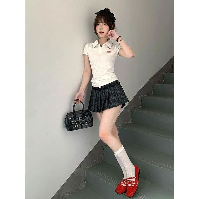 화이트 V넥 레이스업 리본 반팔 셔츠 티셔츠 여성 여름 새로운 꼬집기 허리 작은 셔츠 학원 스타일 쇼트 스타일 맨위 상세 이미지 4