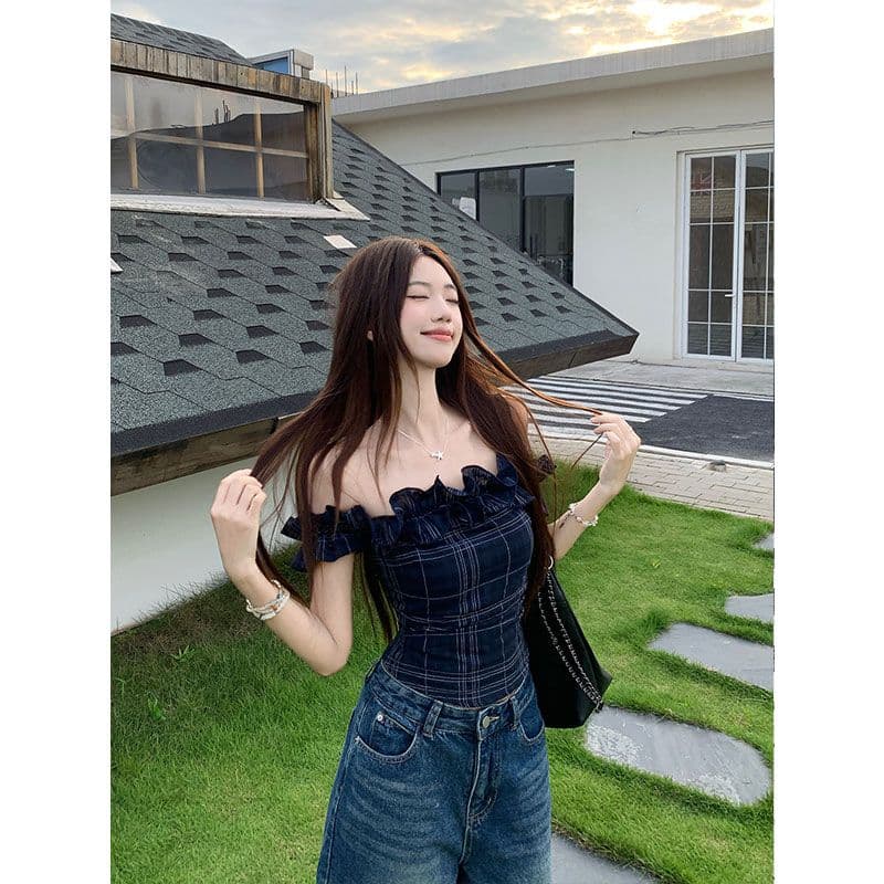 원본 품질 프랑스식 레트로 오프숄더 티셔츠 여성 여름 불규칙 몸매 가꾸기 쇼트 스타일 맨위 오프숄더 이미지 4