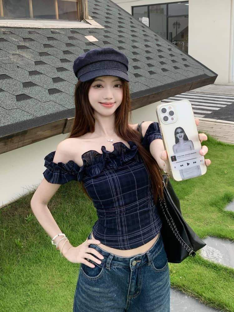 원본 품질 프랑스식 레트로 오프숄더 티셔츠 여성 여름 불규칙 몸매 가꾸기 쇼트 스타일 맨위 오프숄더 상세 이미지 4