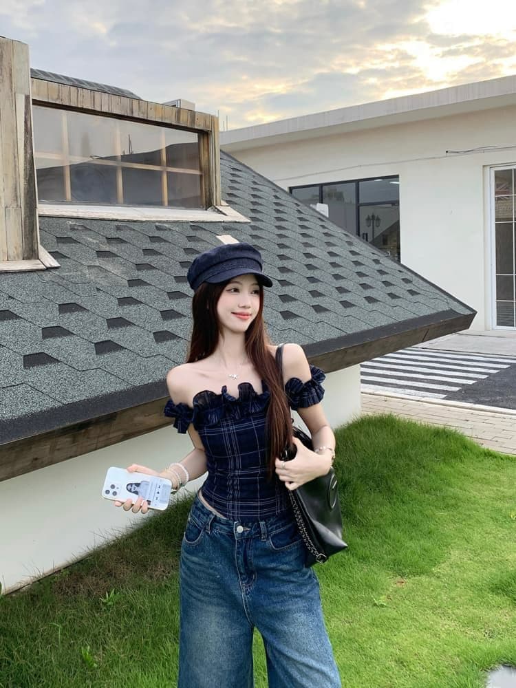 원본 품질 프랑스식 레트로 오프숄더 티셔츠 여성 여름 불규칙 몸매 가꾸기 쇼트 스타일 맨위 오프숄더 상세 이미지 6