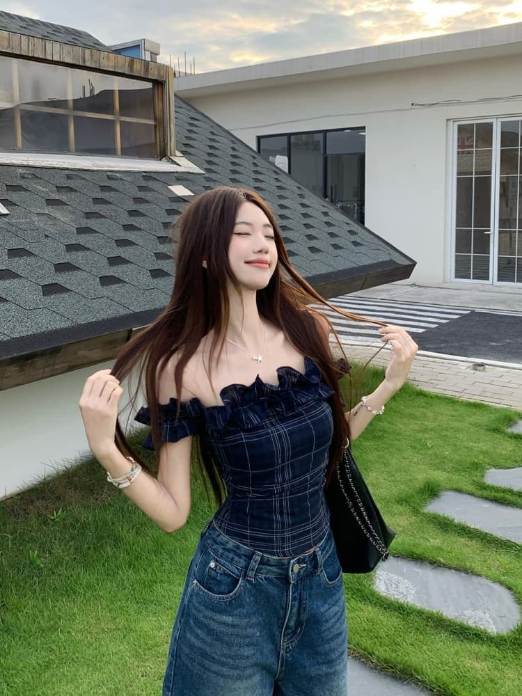 원본 품질 프랑스식 레트로 오프숄더 티셔츠 여성 여름 불규칙 몸매 가꾸기 쇼트 스타일 맨위 오프숄더 상세 이미지 8