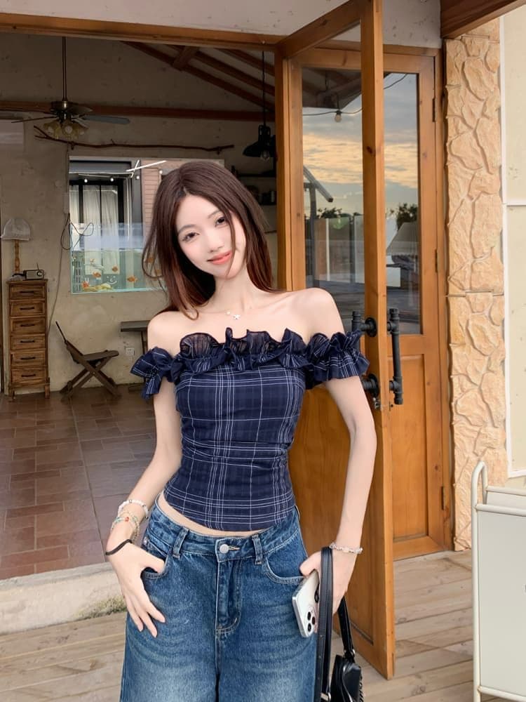 원본 품질 프랑스식 레트로 오프숄더 티셔츠 여성 여름 불규칙 몸매 가꾸기 쇼트 스타일 맨위 오프숄더 상세 이미지 14