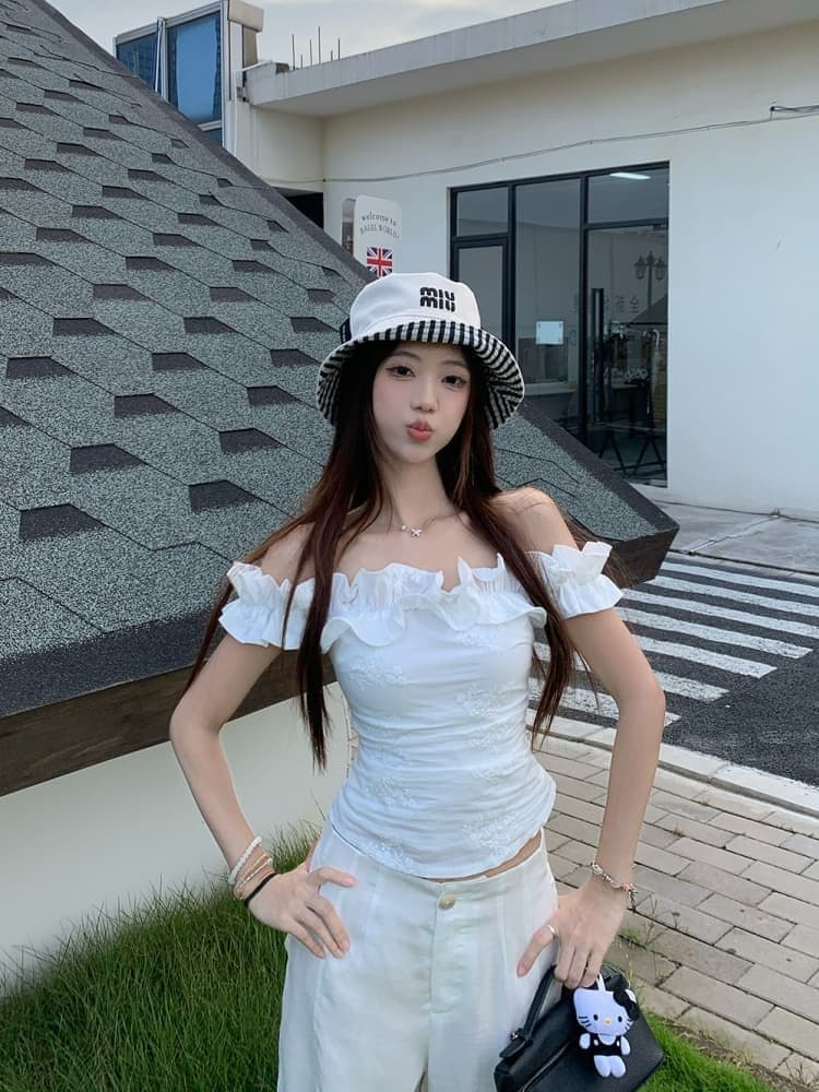 원본 품질 프랑스식 레트로 오프숄더 티셔츠 여성 여름 불규칙 몸매 가꾸기 쇼트 스타일 맨위 오프숄더 상세 이미지 21