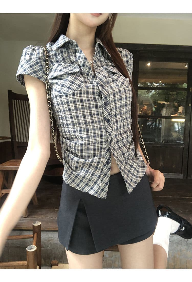 원본 순면 원단 여름 새로운 반팔 긍정적 인 어깨 격자 무늬 셔츠 작은 키 레트로 몸매 가꾸기 맨위 상세 이미지 3