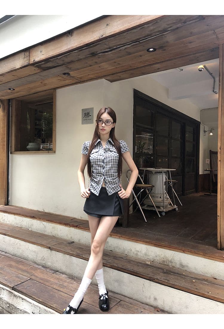 원본 순면 원단 여름 새로운 반팔 긍정적 인 어깨 격자 무늬 셔츠 작은 키 레트로 몸매 가꾸기 맨위 상세 이미지 6