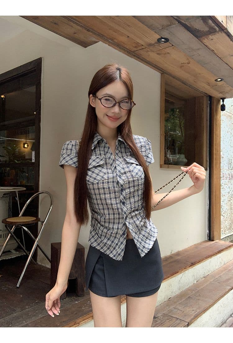 원본 순면 원단 여름 새로운 반팔 긍정적 인 어깨 격자 무늬 셔츠 작은 키 레트로 몸매 가꾸기 맨위 상세 이미지 7