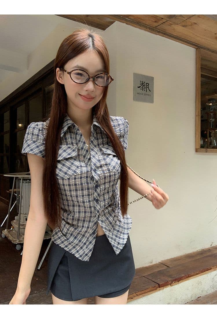 원본 순면 원단 여름 새로운 반팔 긍정적 인 어깨 격자 무늬 셔츠 작은 키 레트로 몸매 가꾸기 맨위 상세 이미지 8