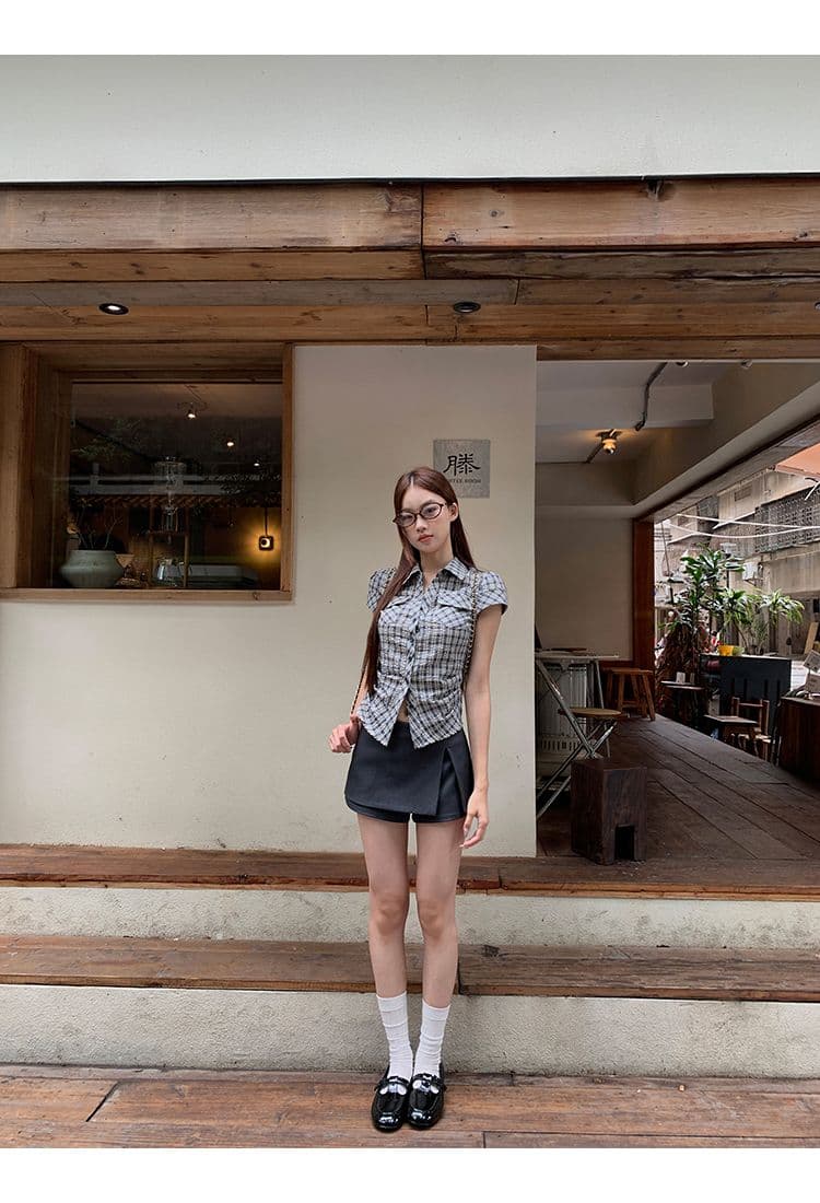 원본 순면 원단 여름 새로운 반팔 긍정적 인 어깨 격자 무늬 셔츠 작은 키 레트로 몸매 가꾸기 맨위 상세 이미지 10