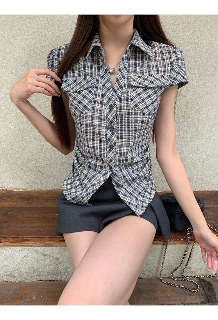 원본 순면 원단 여름 새로운 반팔 긍정적 인 어깨 격자 무늬 셔츠 작은 키 레트로 몸매 가꾸기 맨위 상세 이미지 12