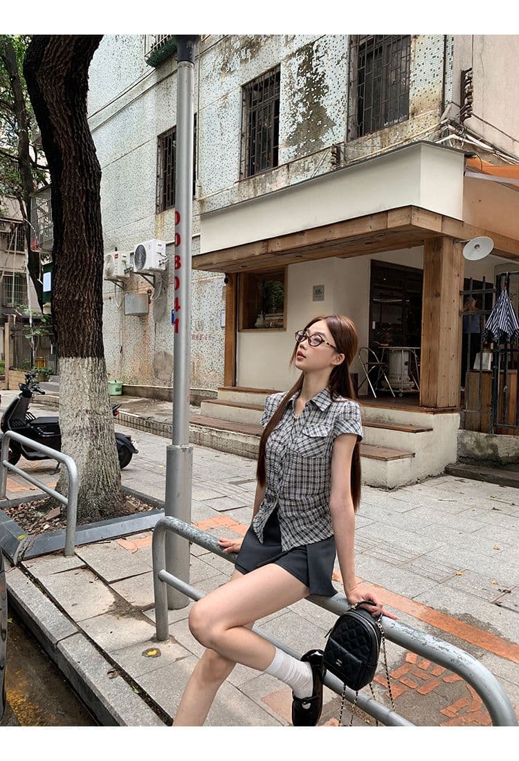 원본 순면 원단 여름 새로운 반팔 긍정적 인 어깨 격자 무늬 셔츠 작은 키 레트로 몸매 가꾸기 맨위 상세 이미지 14