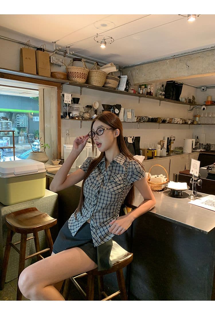 원본 순면 원단 여름 새로운 반팔 긍정적 인 어깨 격자 무늬 셔츠 작은 키 레트로 몸매 가꾸기 맨위 상세 이미지 18
