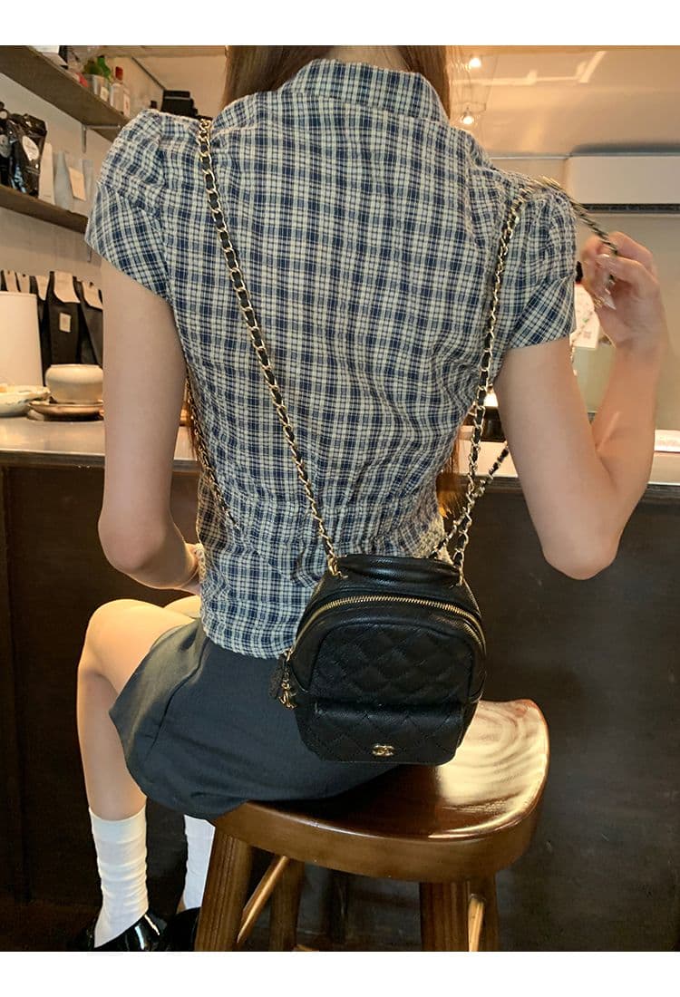 원본 순면 원단 여름 새로운 반팔 긍정적 인 어깨 격자 무늬 셔츠 작은 키 레트로 몸매 가꾸기 맨위 상세 이미지 22