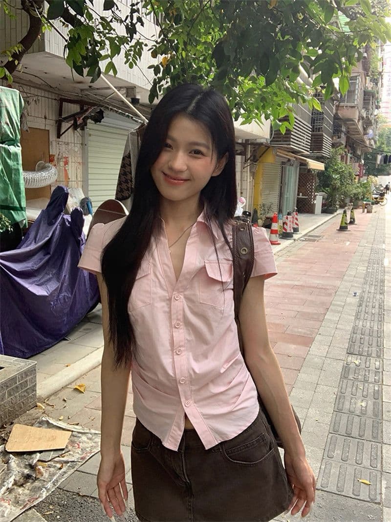 원본 순면 원단 여름 새로운 반팔 긍정적 인 어깨 격자 무늬 셔츠 작은 키 레트로 몸매 가꾸기 맨위 상세 이미지 25