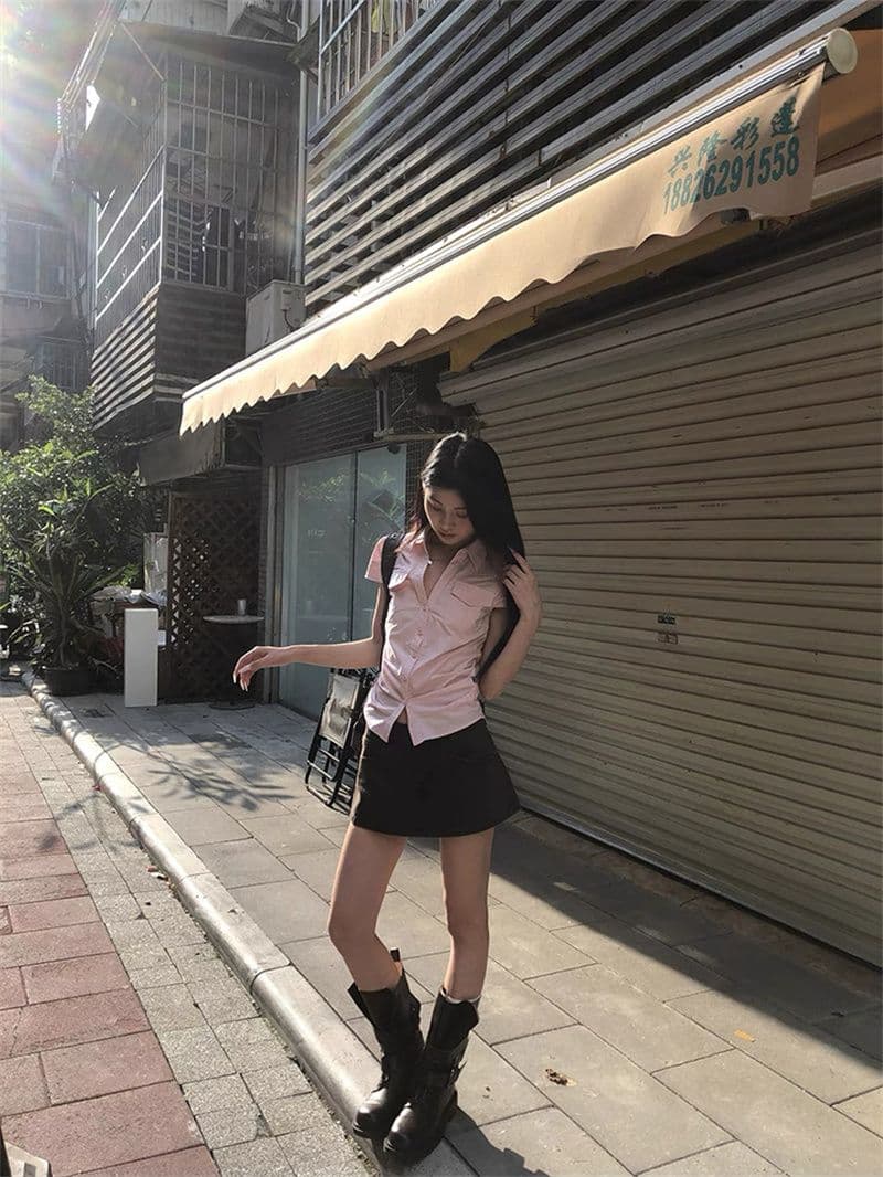 원본 순면 원단 여름 새로운 반팔 긍정적 인 어깨 격자 무늬 셔츠 작은 키 레트로 몸매 가꾸기 맨위 상세 이미지 27