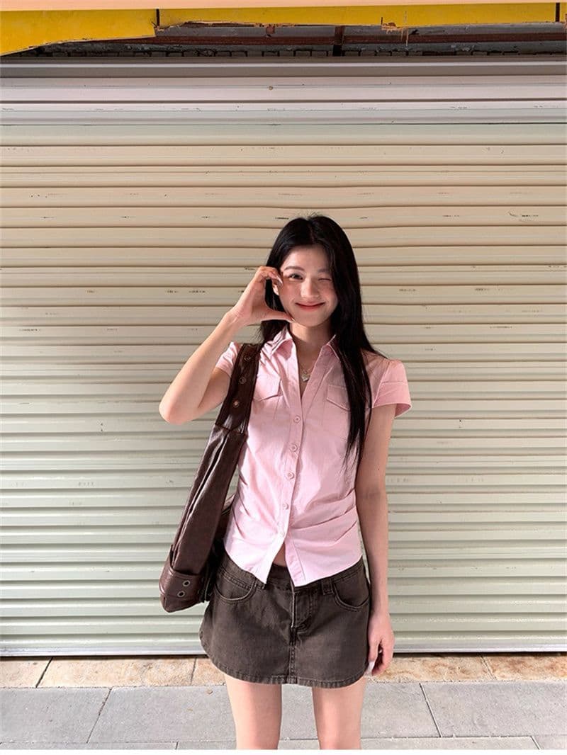 원본 순면 원단 여름 새로운 반팔 긍정적 인 어깨 격자 무늬 셔츠 작은 키 레트로 몸매 가꾸기 맨위 상세 이미지 30